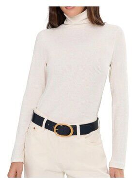 Madewell Coverstitch Turtleneck Drapey Rayon Rib Top~Size S~Heather Cream L11 03